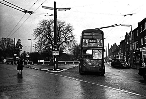 Trolley bus at Sudbury terminus, late 1950’s 